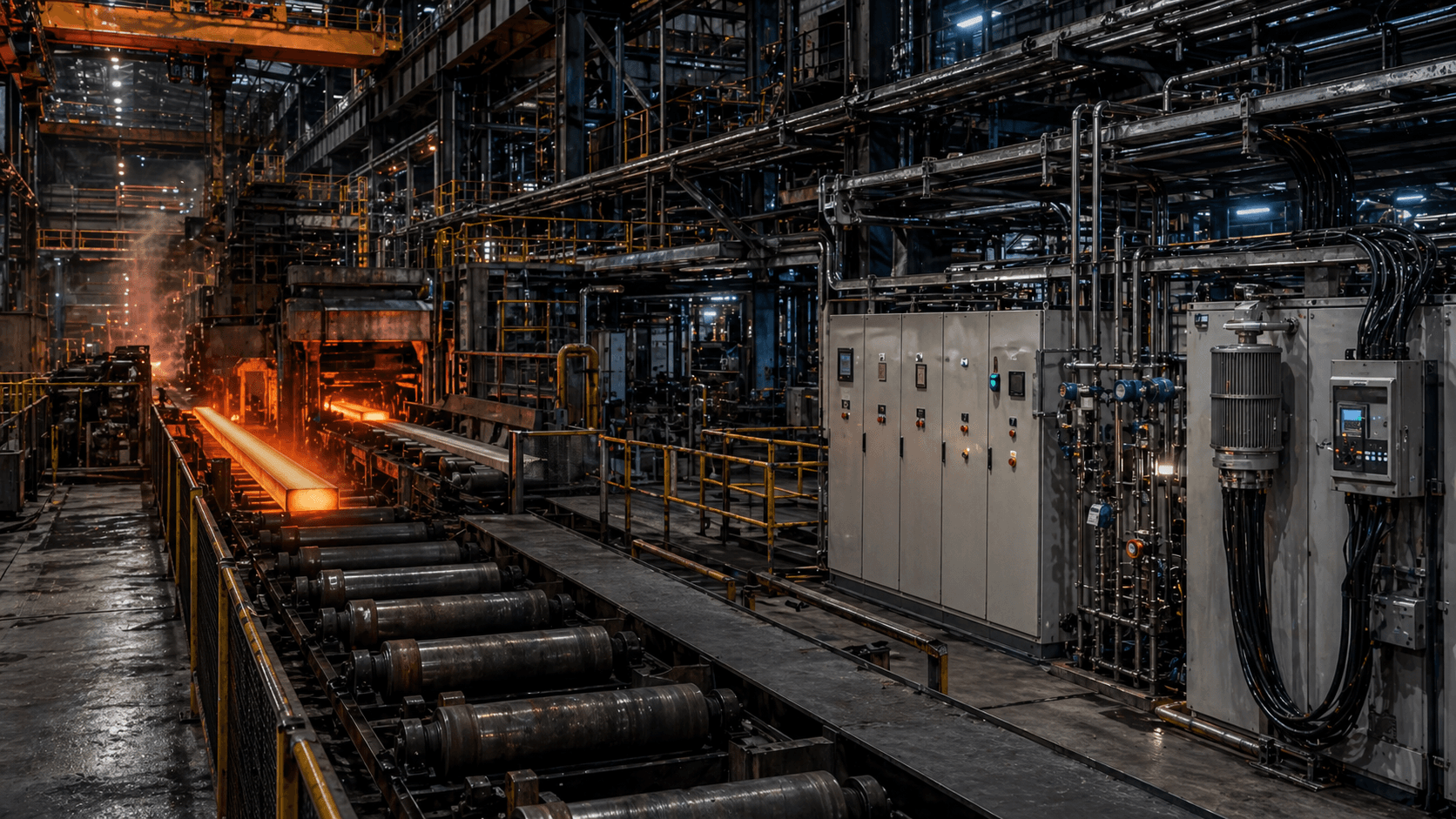 Iron and steel manufacturing facility with heavy industrial process lines