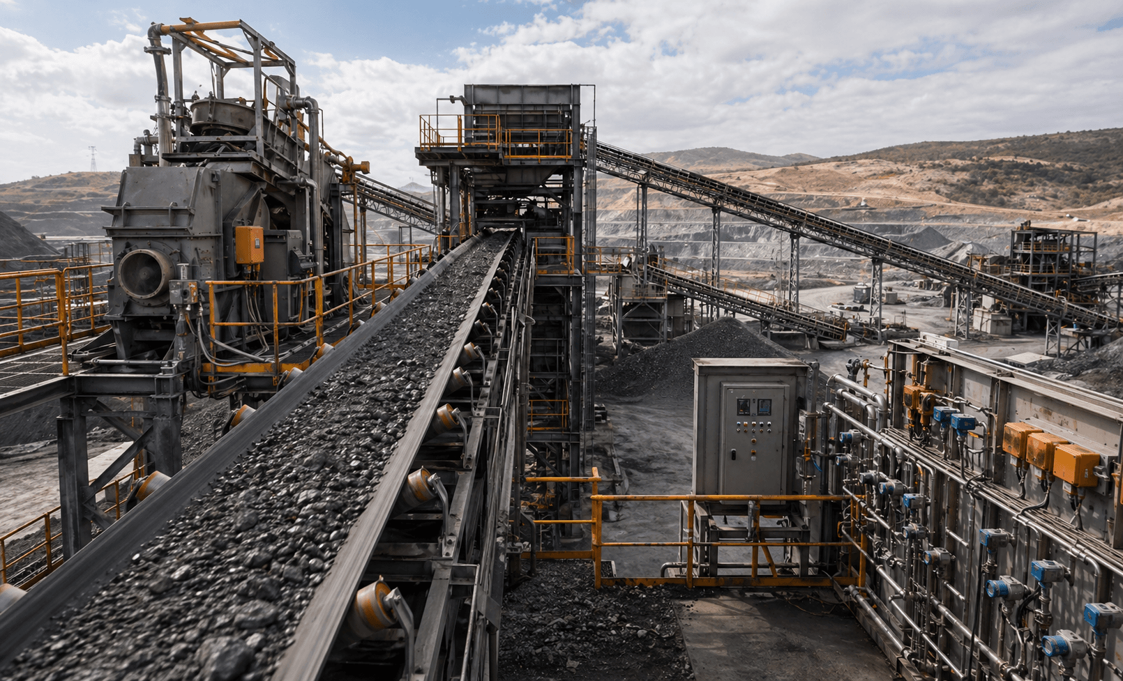 Mining and minerals processing plant with conveyor and heavy industrial equipment