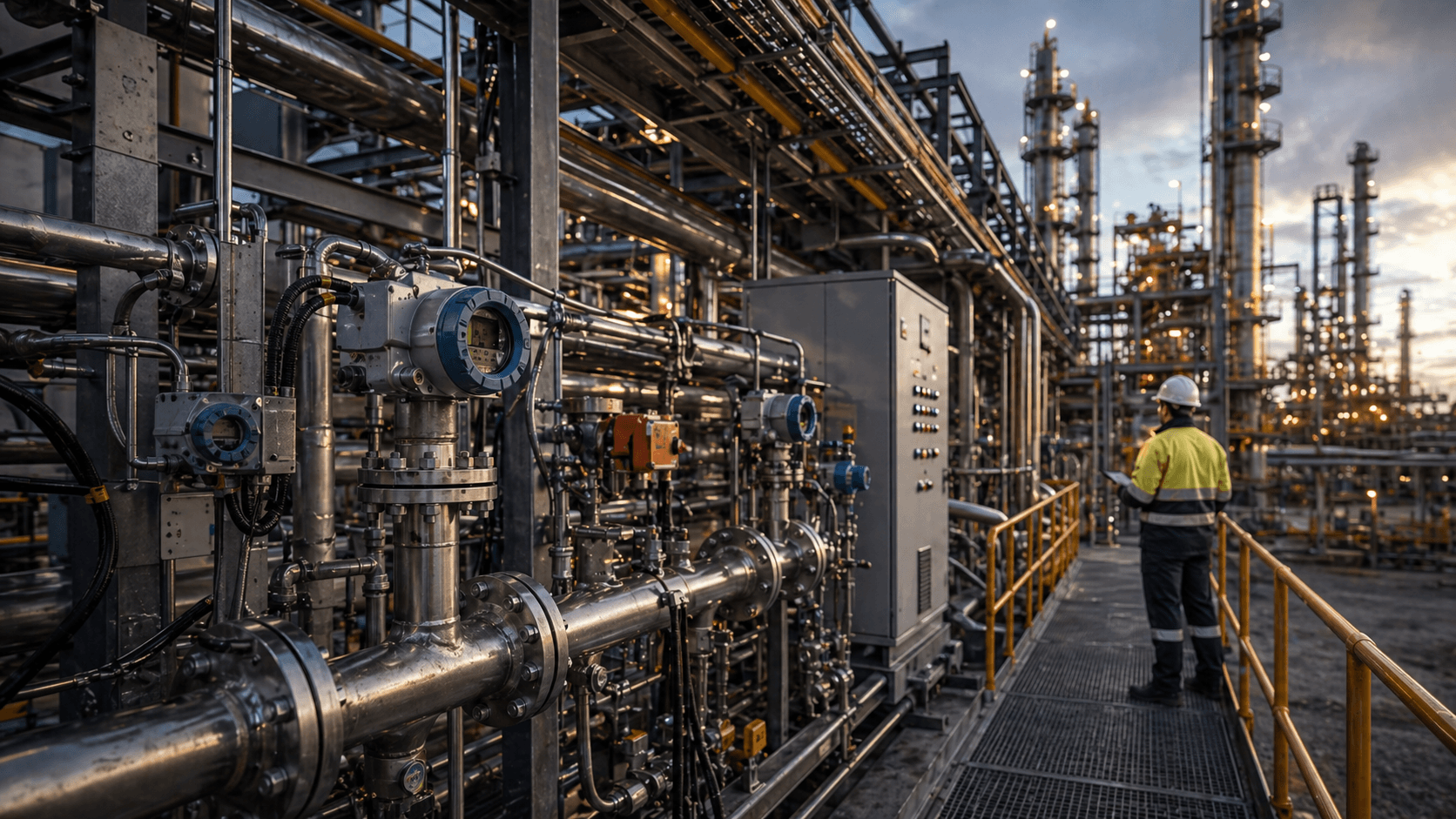 Oil, gas, and petrochemical facility with process piping and plant infrastructure